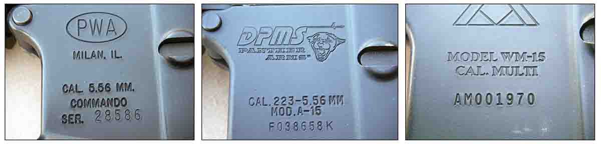 Stampings on lower receivers, like those pictured here, often provide conflicting information. Barrel markings are the only secure way to determine cartridge and twist rate.